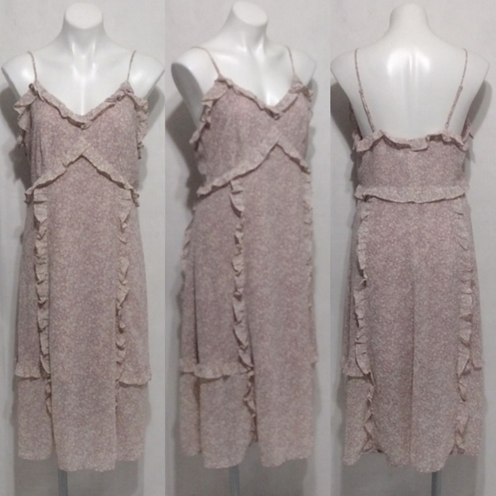 Les Soeurs Large Old Rose Floral Ruffled Slip Midi Dress Romantic Boho Chic